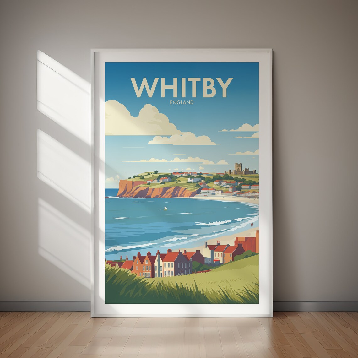 Whitby England Vintage Seaside Coastal Cliffs Abbey Travel Poster