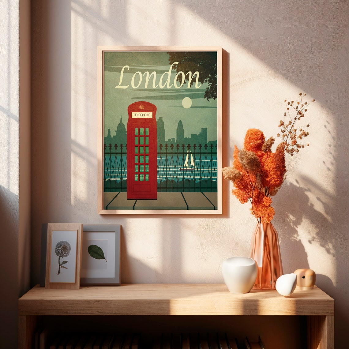 London Red Telephone Booth City Skyline Moonlit Retro Poster - Image 2