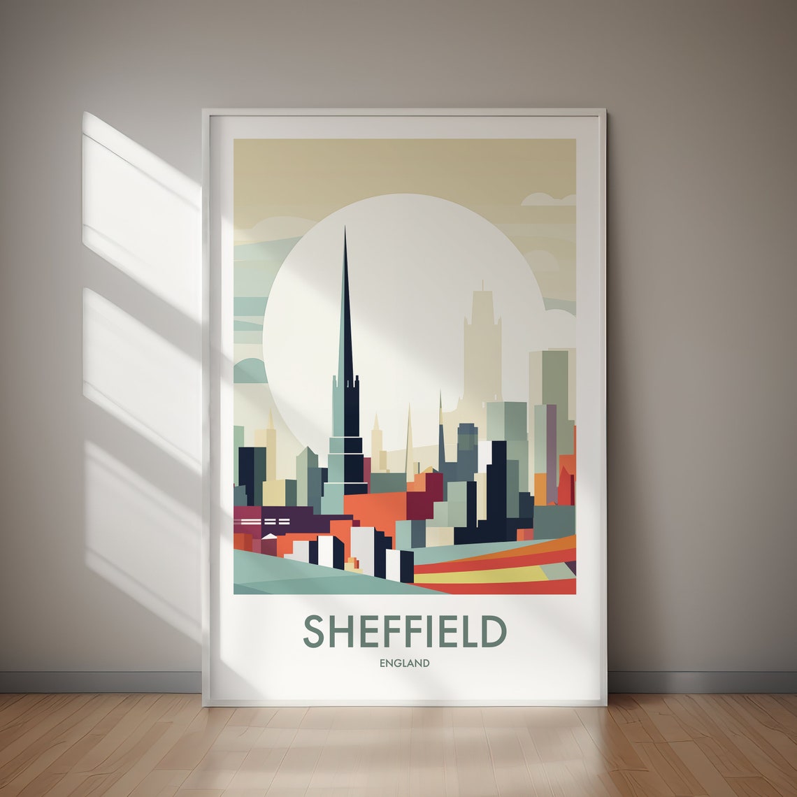 Sheffield England Minimalist Sunset Skyline Spire Travel Poster