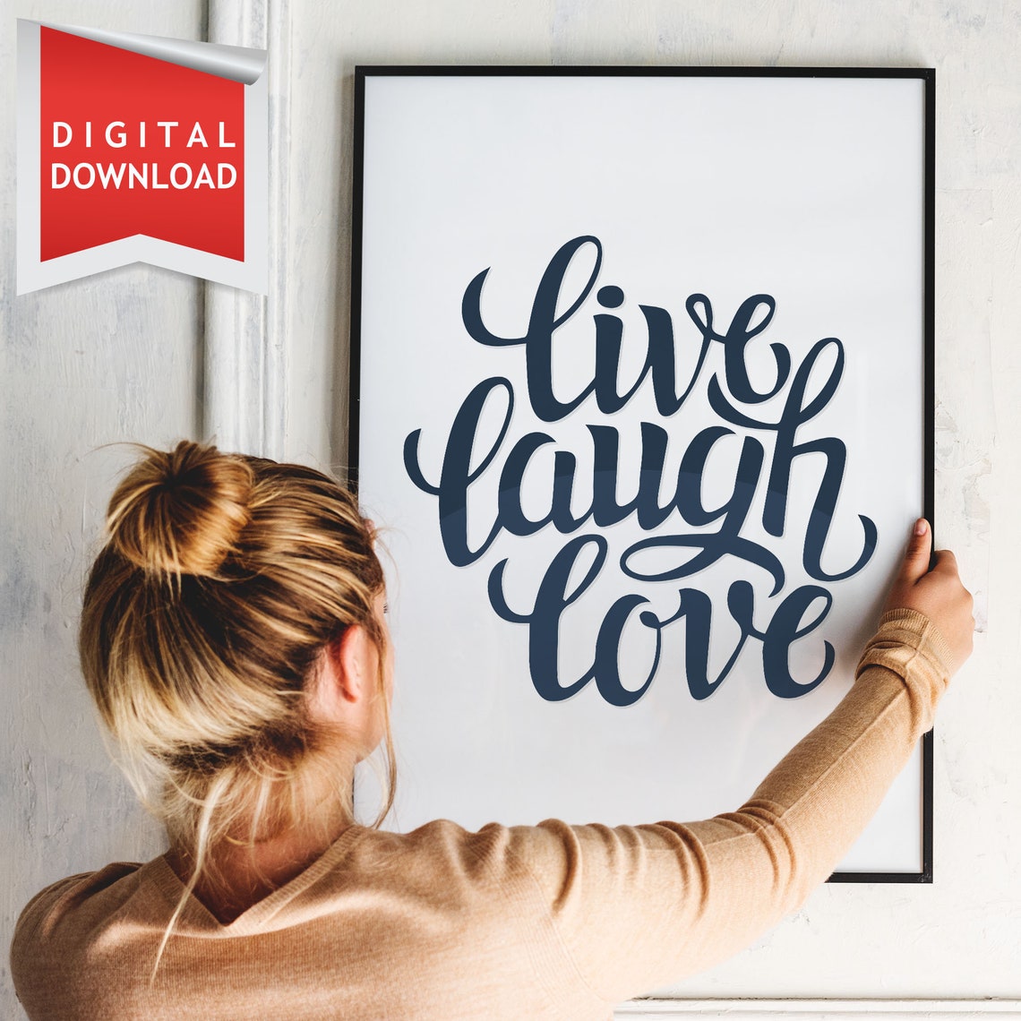 Live Laugh Love Navy Blue Script Minimalist Home Decor Poster - Image 2