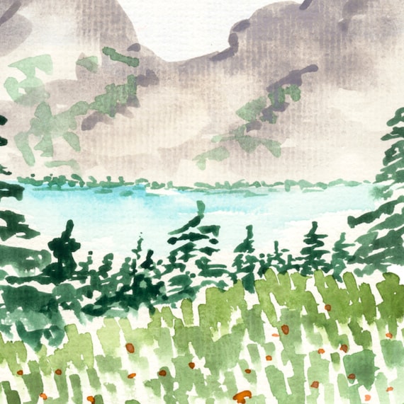 West Coast Mountains Art Print Sabina Fenn Illustration Watercolor Sketchbook Style Pines And Lakeside Banff Inspired Painting Greenery