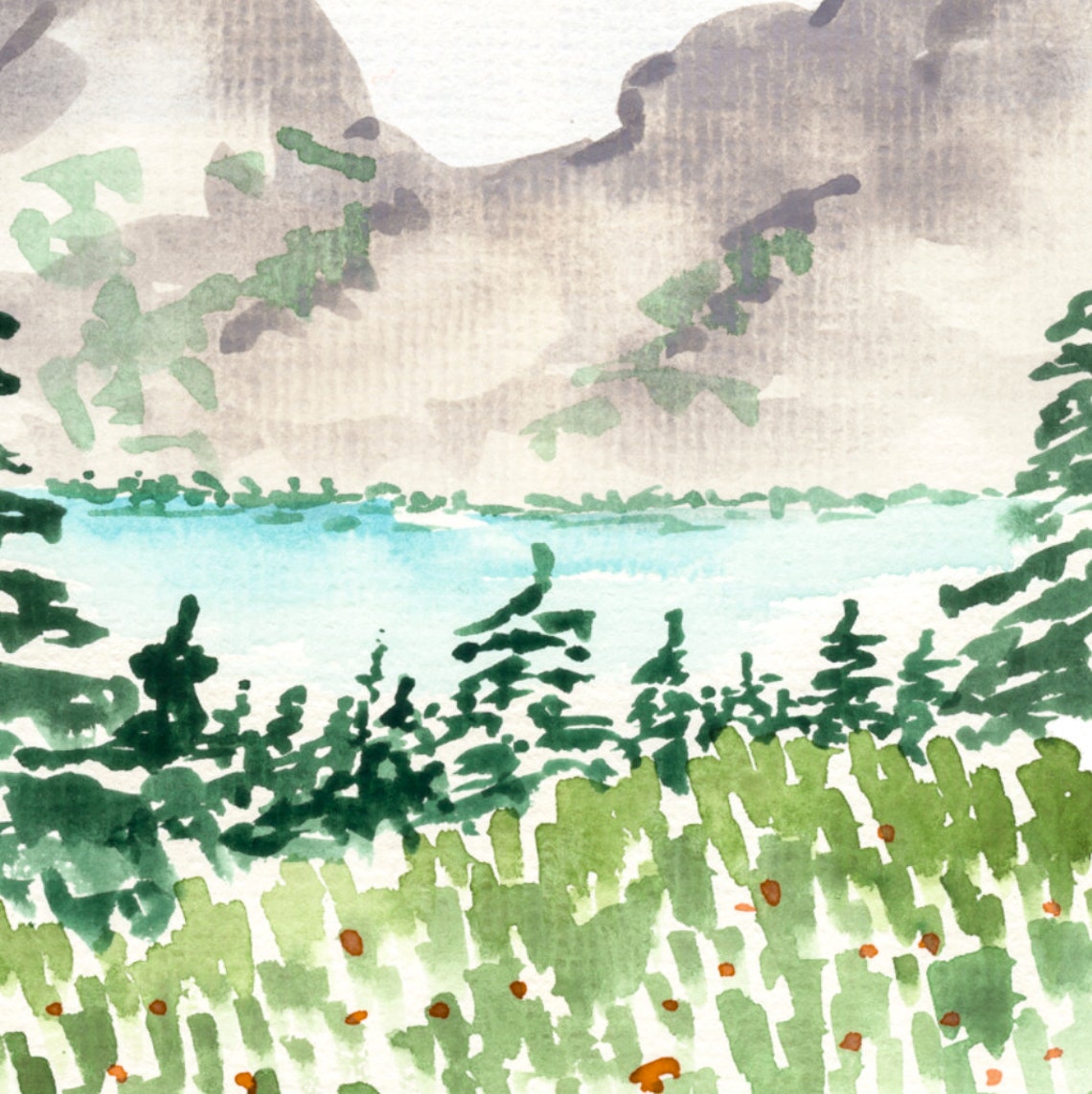 Mountain Lake Pines Wildflower Meadow Watercolor Landscape Art Poster - Image 4