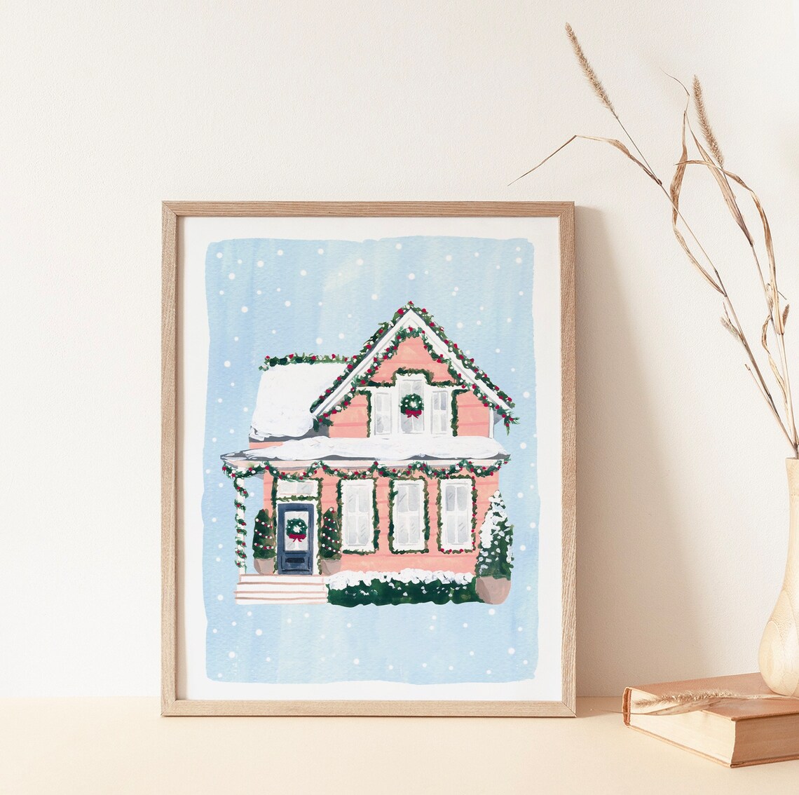 Pink Christmas House Art Print, Holiday Wall Decor - Image 4