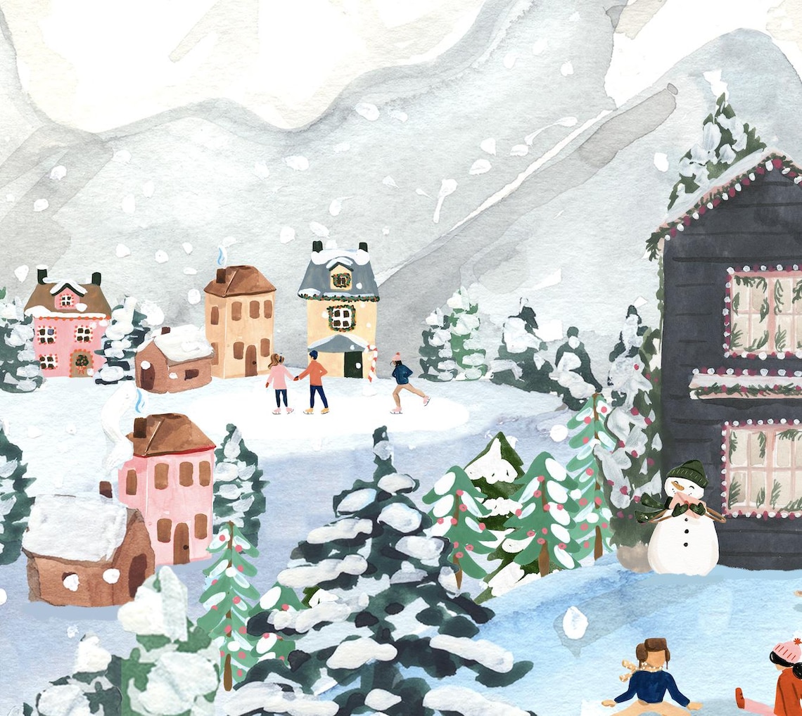 Christmas Village Art Print, Festive Winter Scene - Image 2