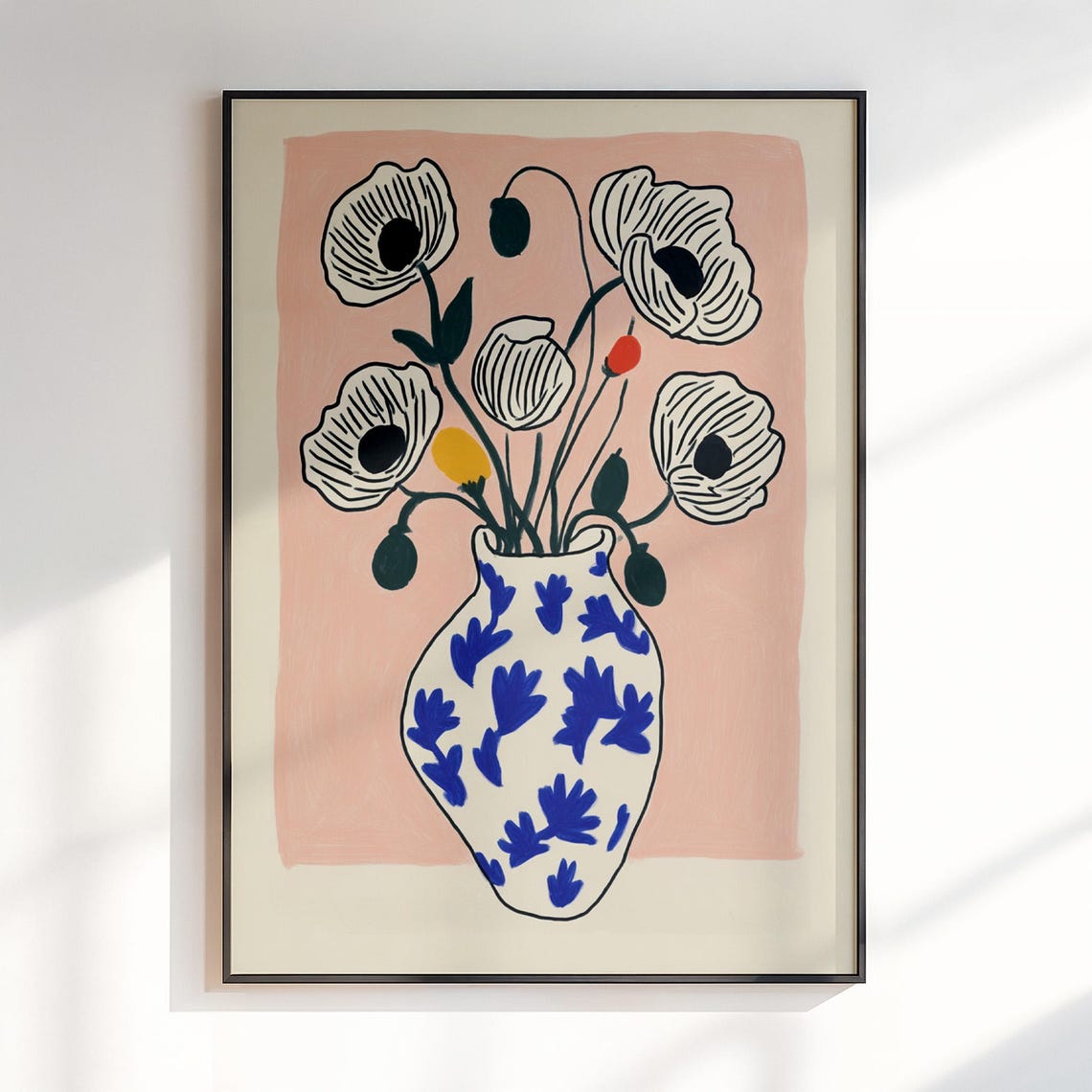Hand Drawn Poppies in a Patterned Vase Modern Floral Art Poster