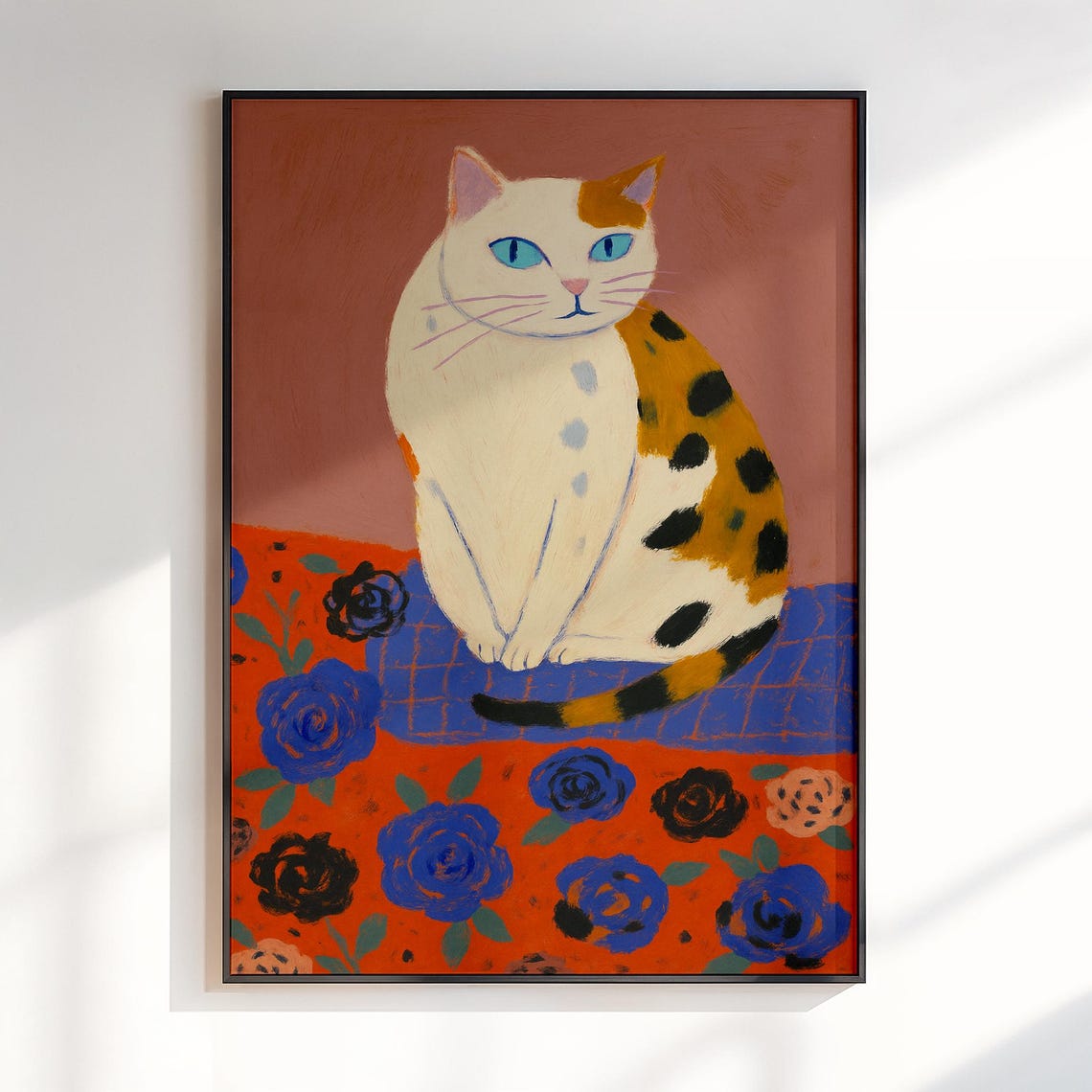 Calico Cat Portrait On Colorful Floral Background Folk Art Poster