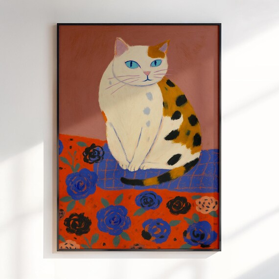 Calico Cat Portrait On Colorful Floral Background Folk Art Poster