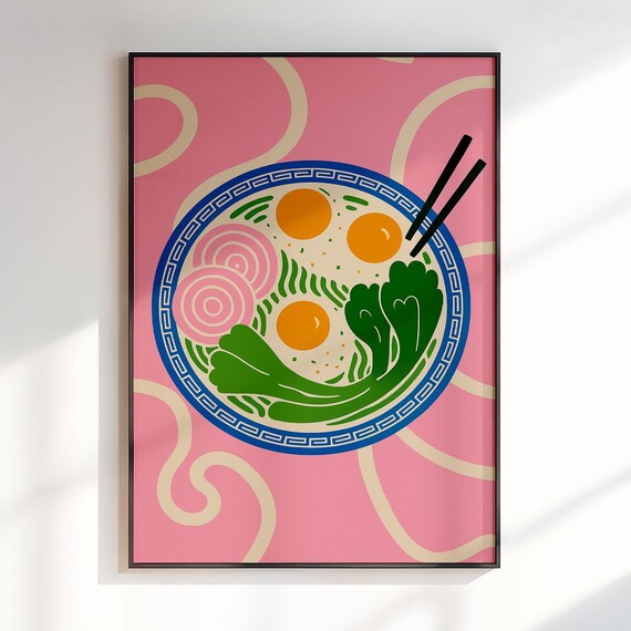 Top View Ramen Bowl With Chopsticks on Pink Kitchen Art Print