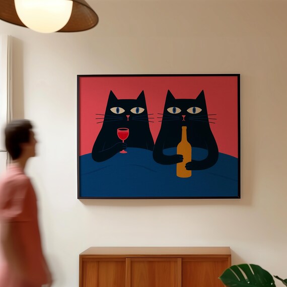 Two Black Cats Wine Night Poster Funny Mid Century Modern Bar Decor