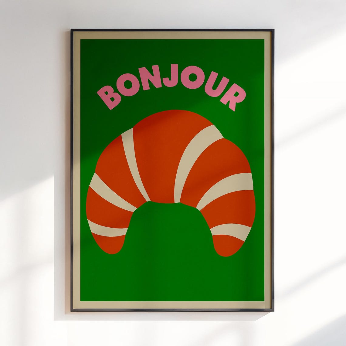 Bonjour Croissant Bold Food Poster Green Background Kitchen Wall Decor