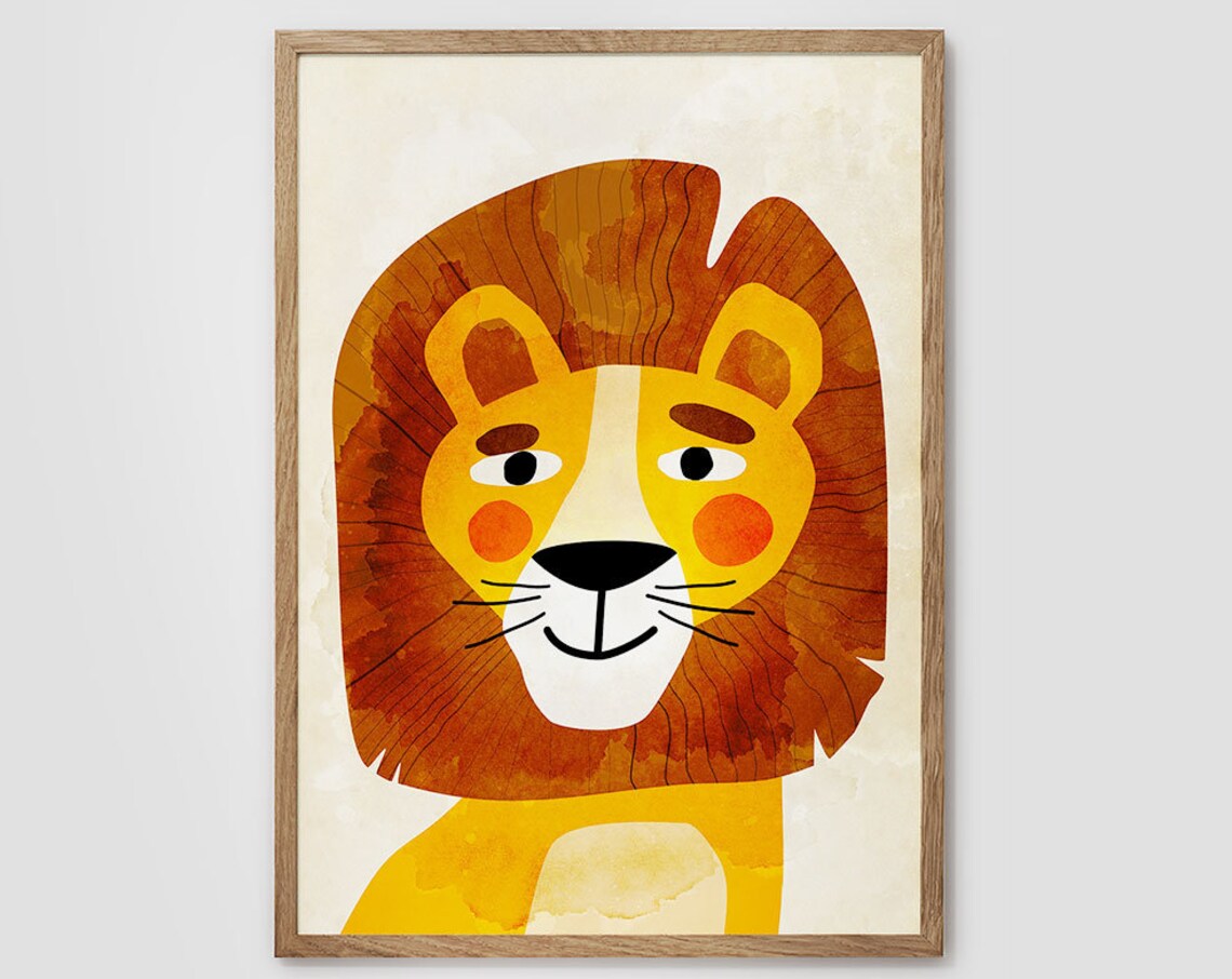 Cute Smiling Lion Face Warm Watercolor Nursery Kids Room Art Poster - Image 3