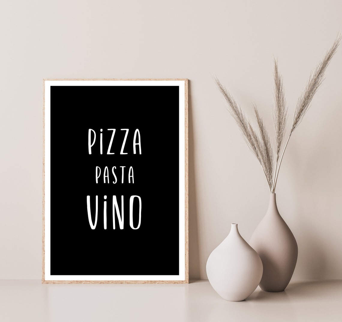 Pizza Pasta Vino Bold White Lettering On Black Kitchen Poster