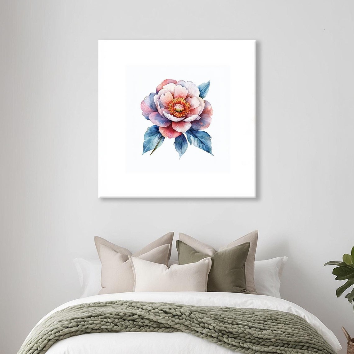 Delicate Pink Blue Watercolor Peony Botanical Flower Wall Art