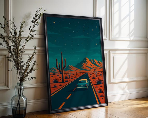 Retro Desert Highway Art Print Vintage Americana Car Poster