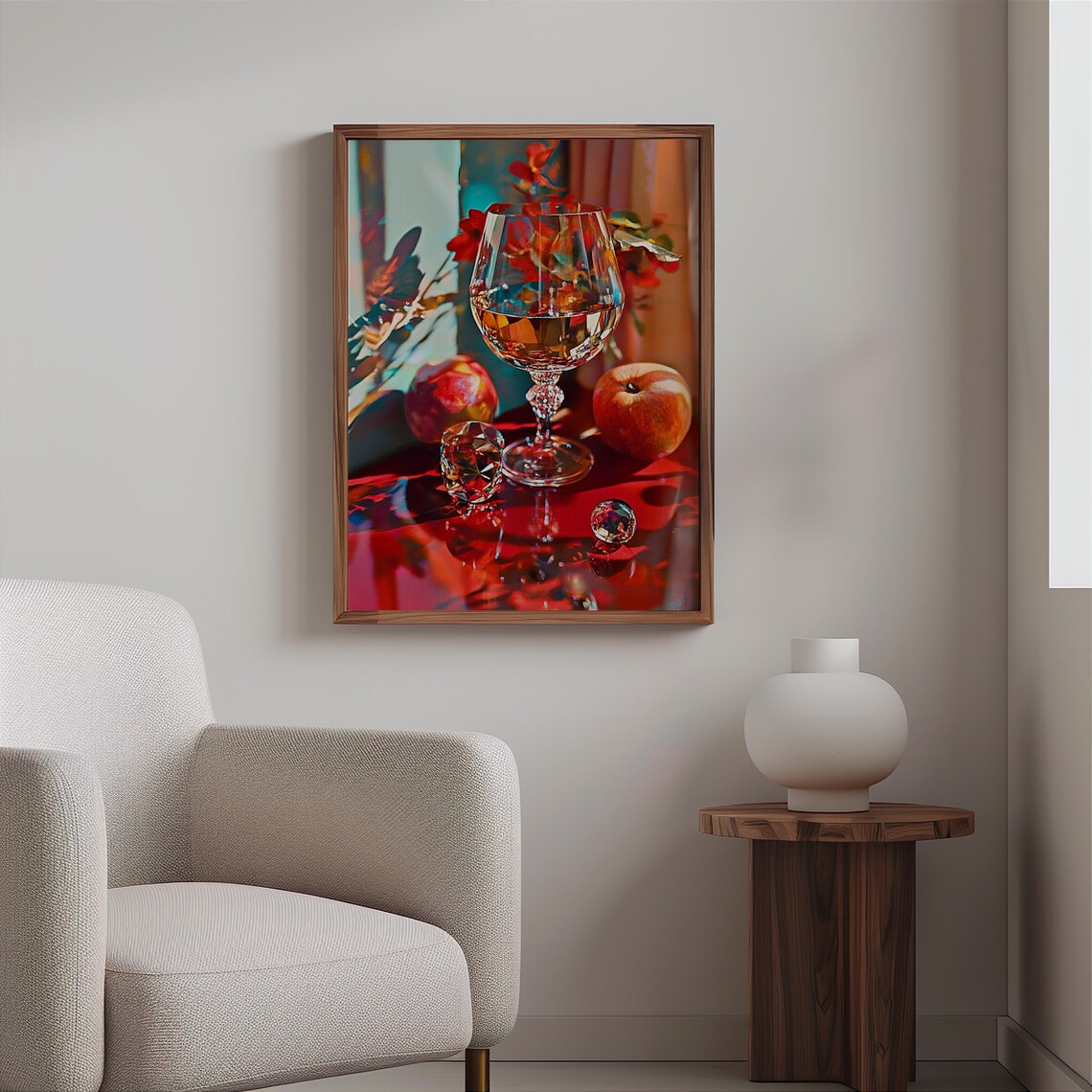 Crystal Wine Glass Apples Red Glow Photorealism Still Life Art Poster - Image 2