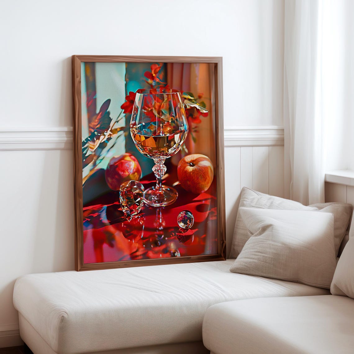 Crystal Wine Glass Apples Red Glow Photorealism Still Life Art Poster