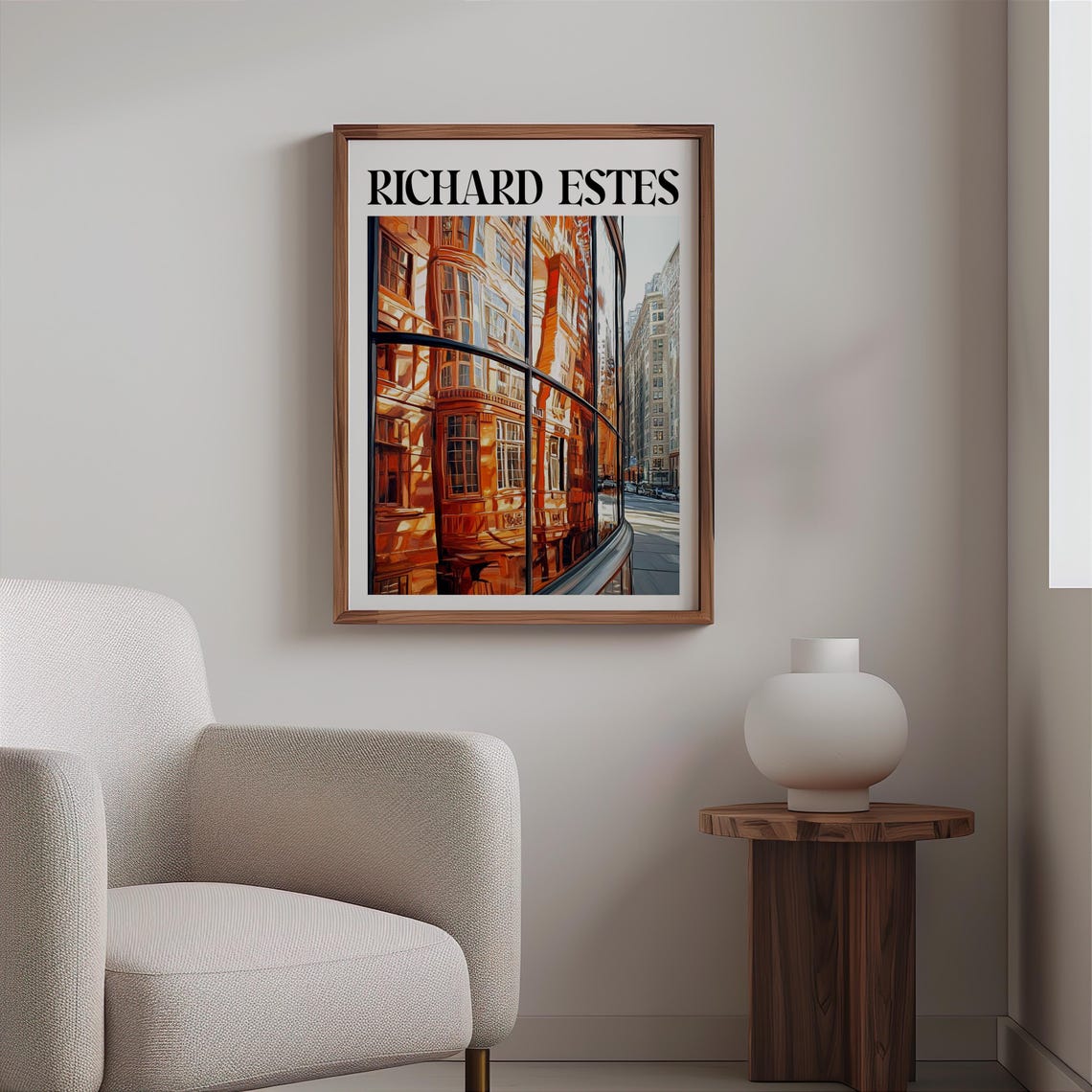 Richard Estes Orange Brick Buildings Curved Bus Window Art Poster - Image 2