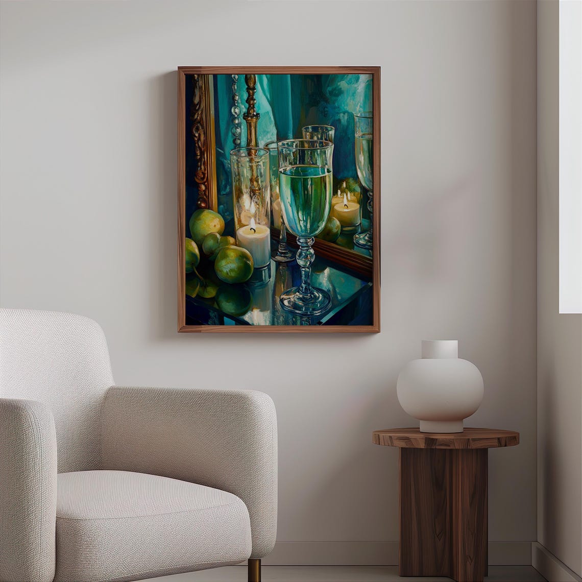 Turquoise Goblets and Pears Teal Candlelight Still Life Poster - Image 2