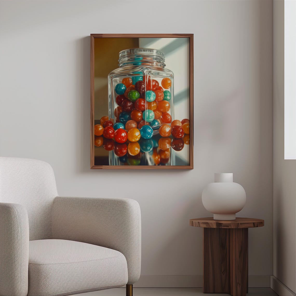 Glass Jar Rainbow Gumballs Soft Neutral Background Candy Poster - Image 2