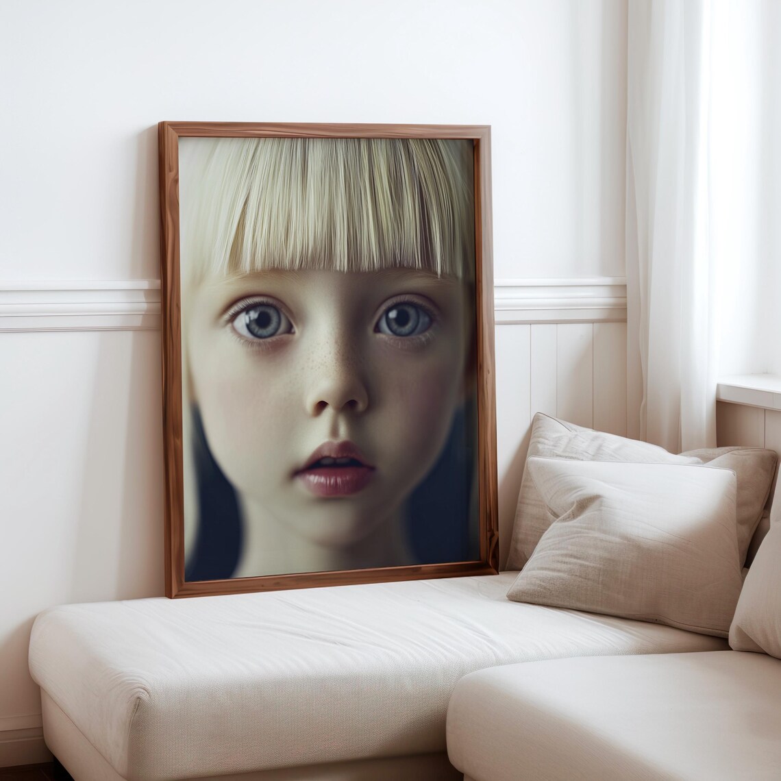 Blonde Girl with Bangs Piercing Blue Eyes Direct Gaze Portrait Print
