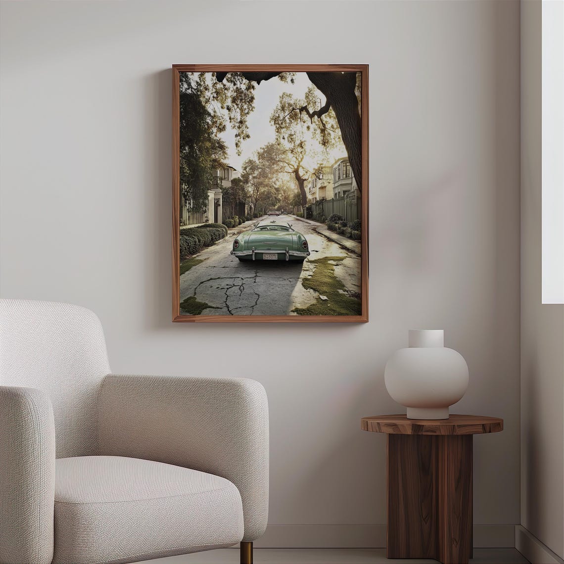 Vintage Mint Green Convertible Photorealistic Tree Lined Street Poster - Image 2