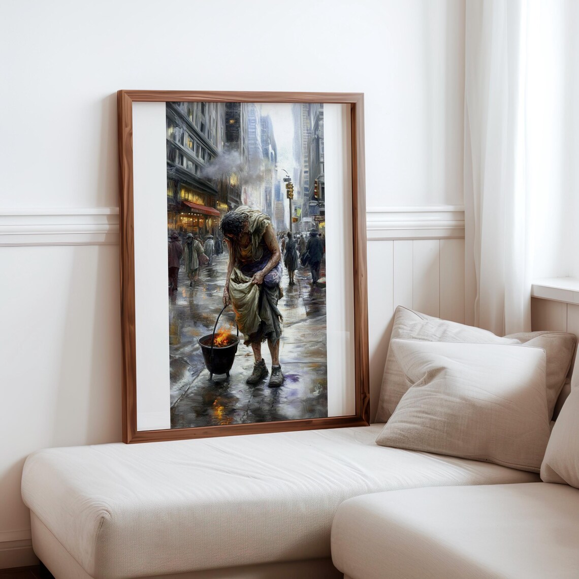 Homeless Person Burning Barrel Rainy City Street Moody Art Poster