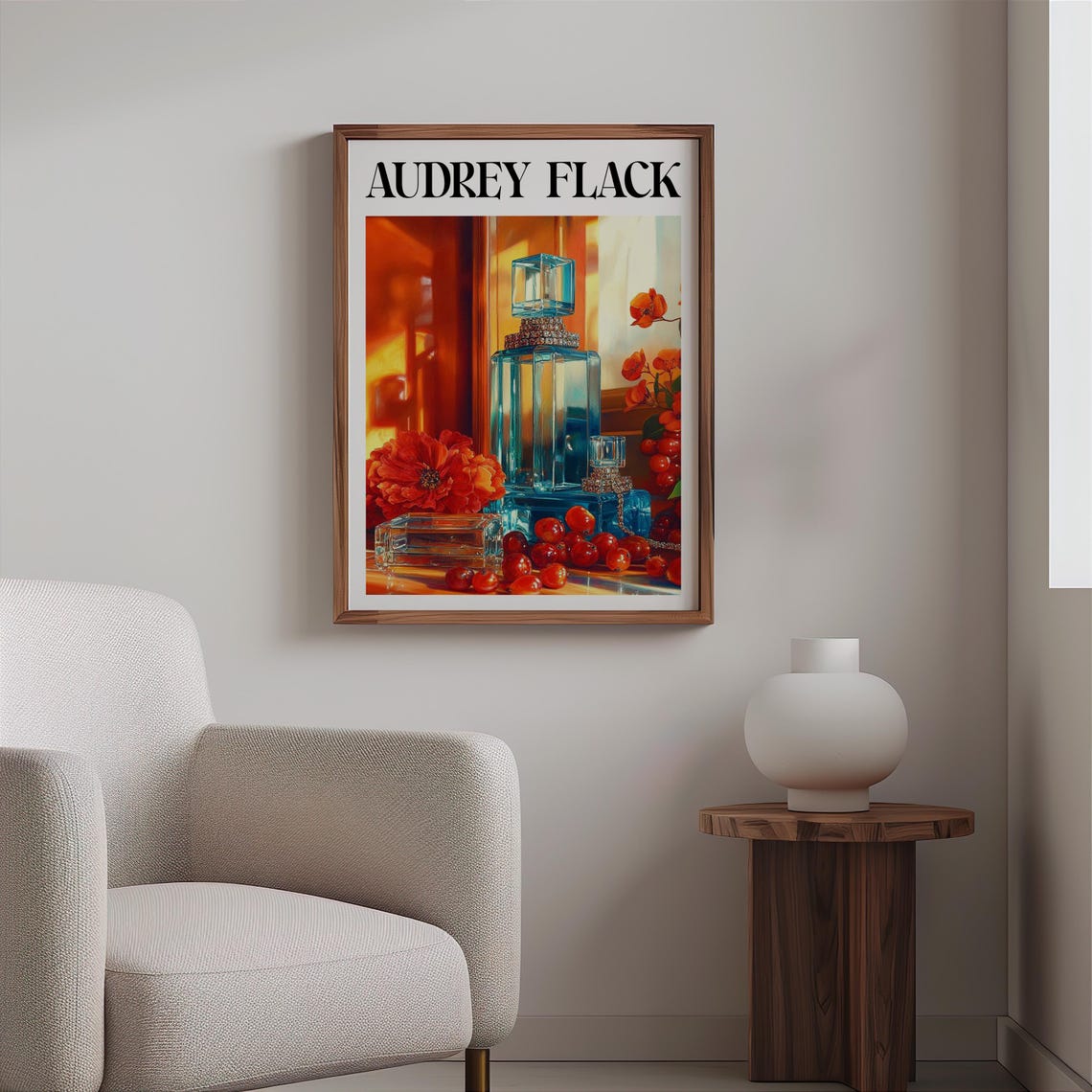 Audrey Flack Blue Perfume Bottles Dahlia Cherries Still Life Art Print - Image 2