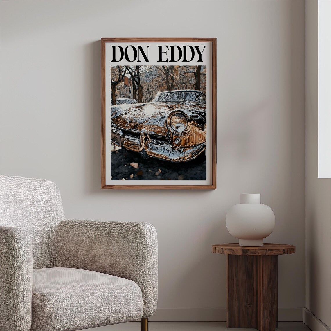 Don Eddy Style Chrome Classic Car Front Autumn Leaves Street Poster - Image 2