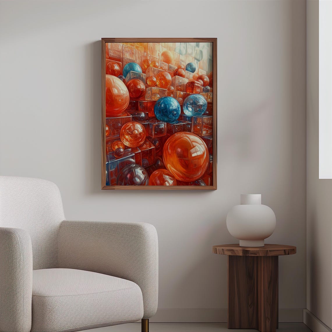 Giant Orange Glass Orbs Red Cubes Towers Photorealism Poster - Image 2
