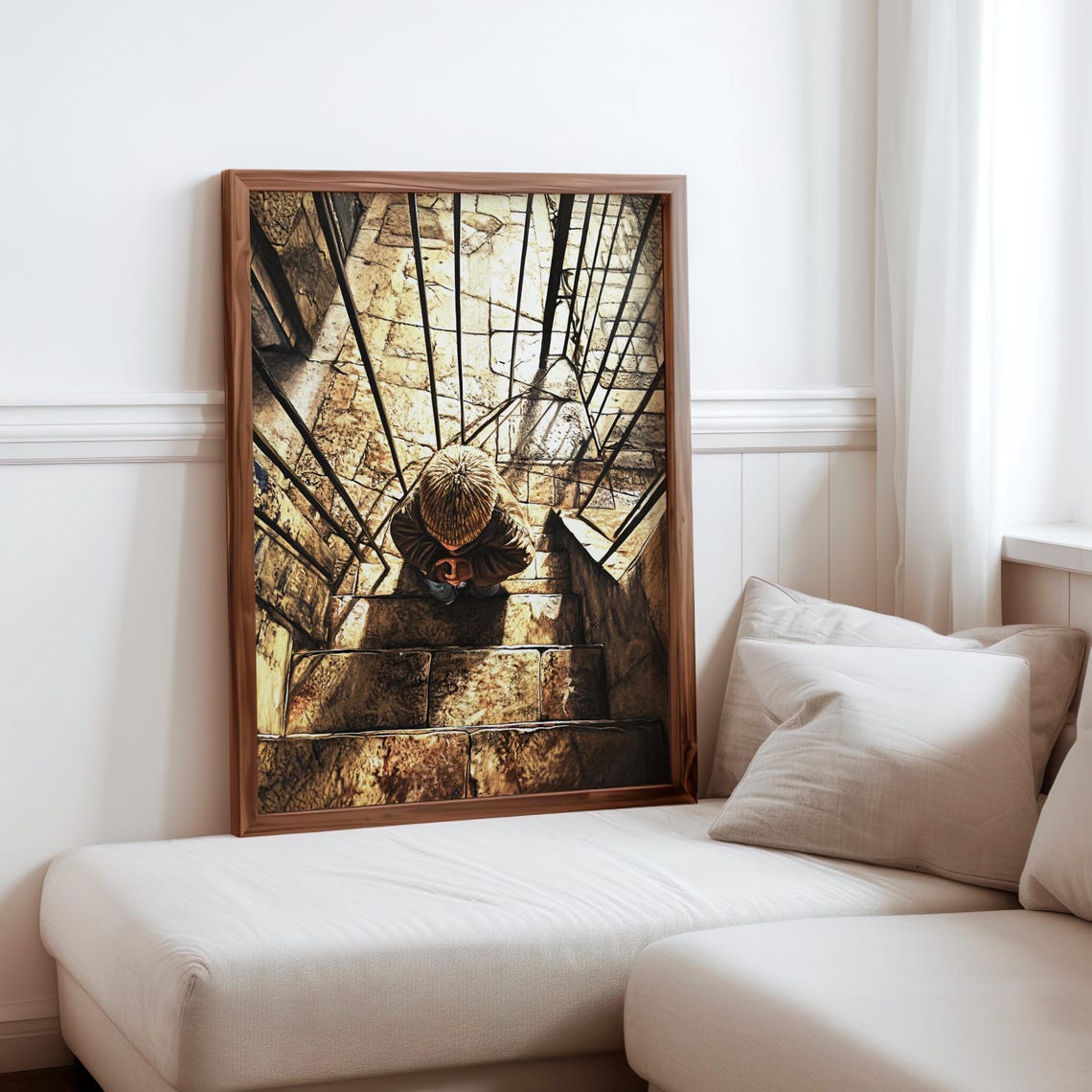 Boy Stone Stairwell Overhead View Pensive Photorealism Poster