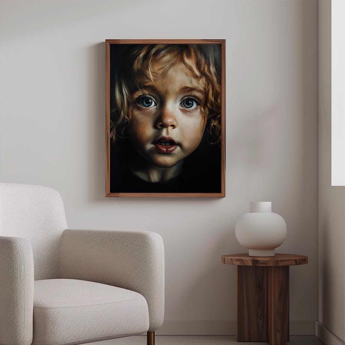 Curly Haired Toddler Big Blue Eyes Dark Background Portrait Print - Image 2
