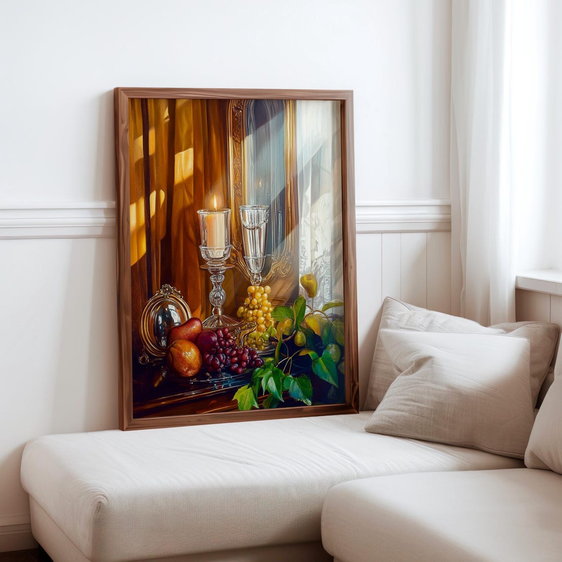 Crystal Candle Holders with Grapes and Peaches Still Life Poster