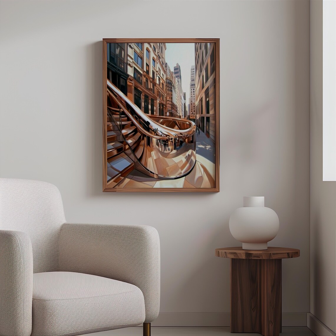 Photorealistic Curved Chrome Sculpture Staircase City Street Poster - Image 2