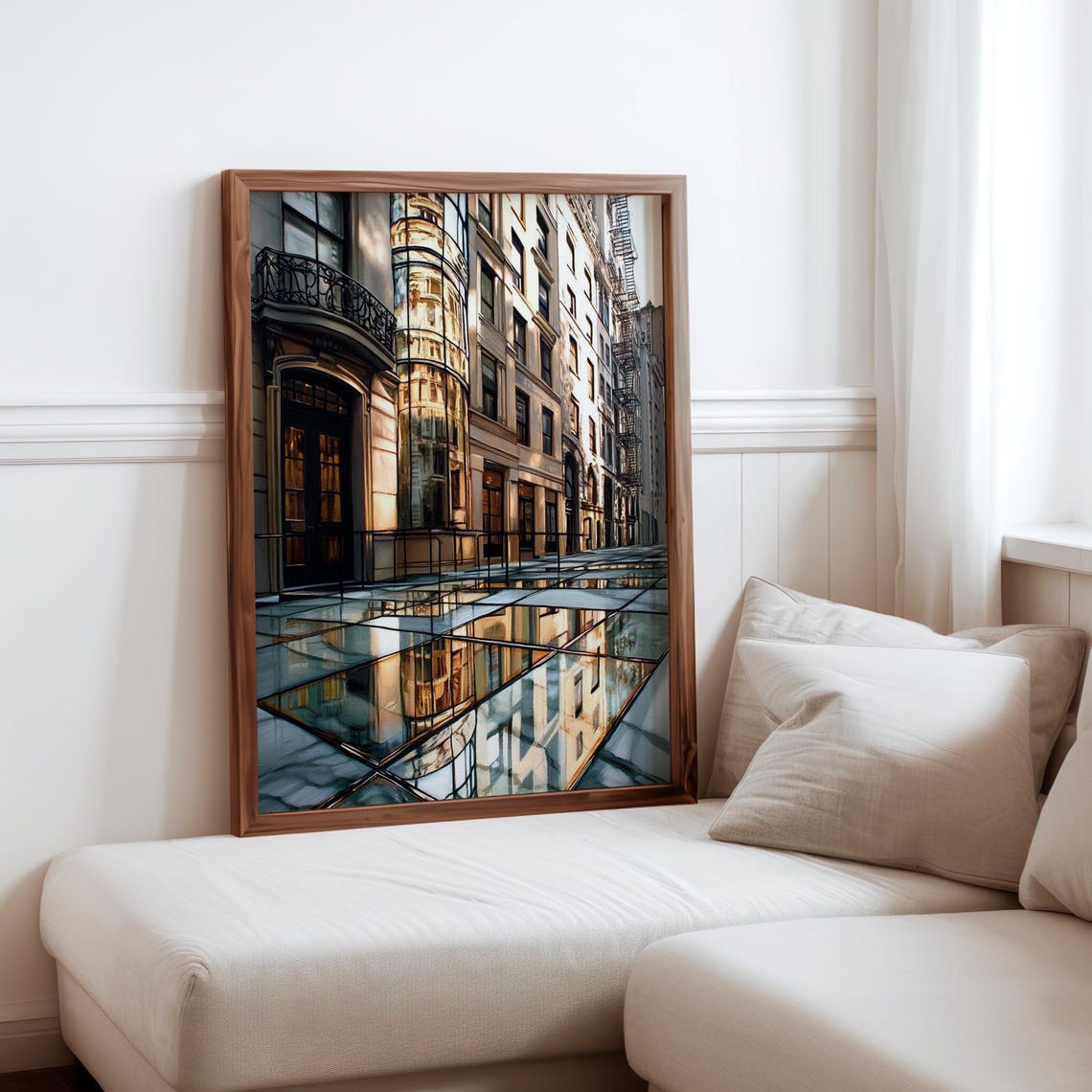 Photorealistic Old Street Balconies Mirrored In Rain Puddle Poster