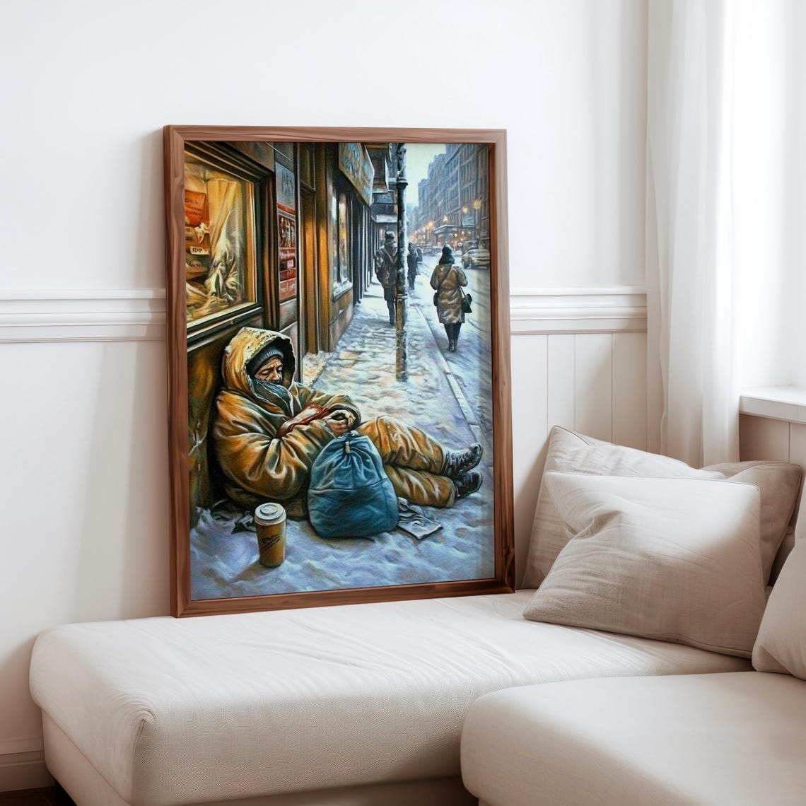 Homeless Man Sleeping Snowy Sidewalk Winter Night Art Poster