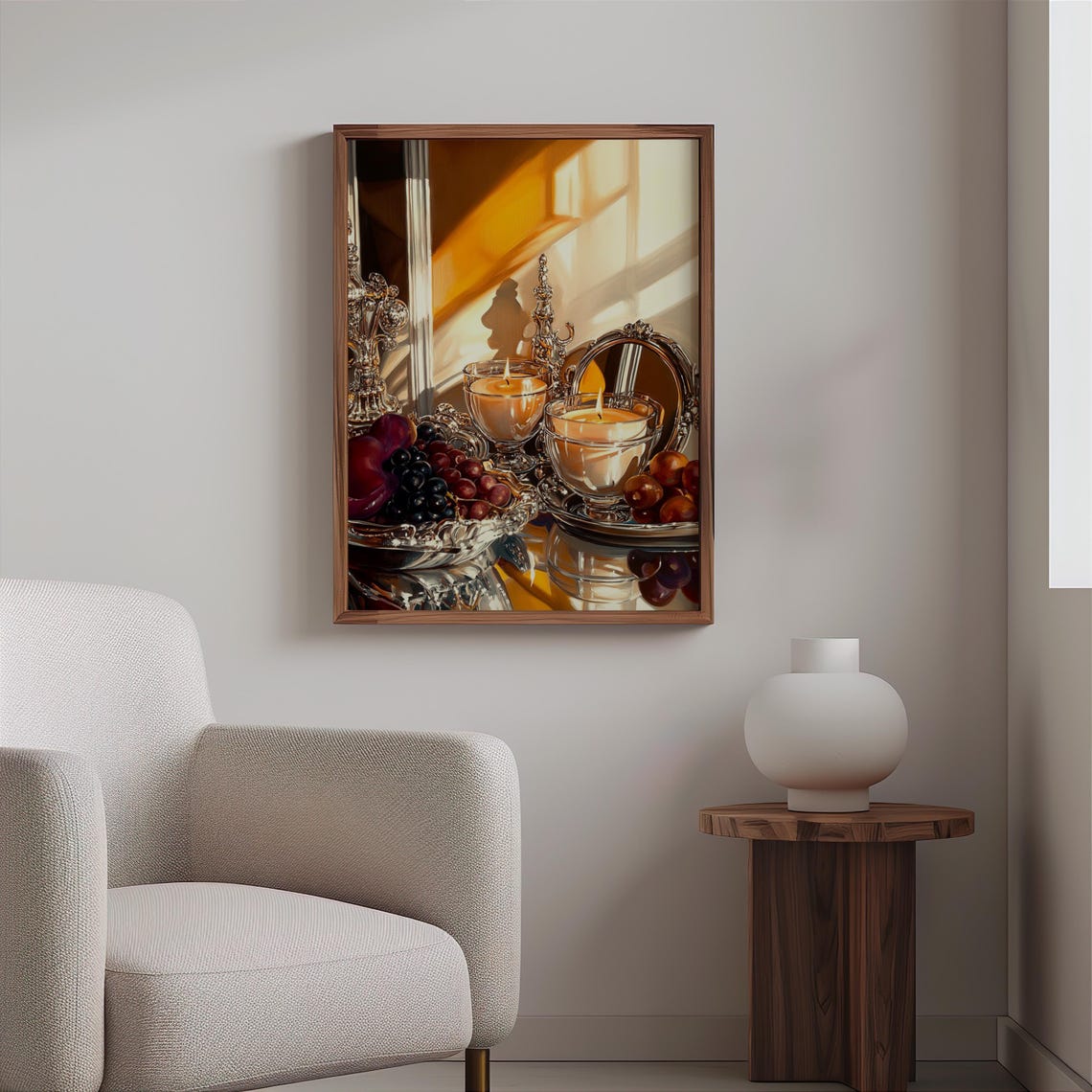 Silver Tea Service Candle Goblets Fruit Golden Still Life Art Print - Image 2