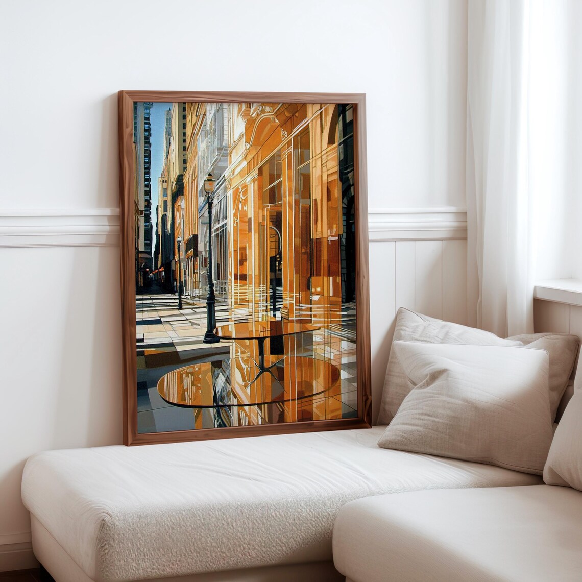 Photorealistic Golden City Street Mirrored Glass Facade Urban Poster