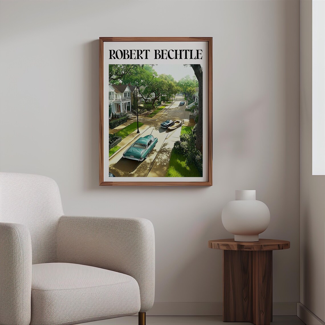 Green Vintage Sedan Suburban Street Photorealism Americana Art Poster - Image 2