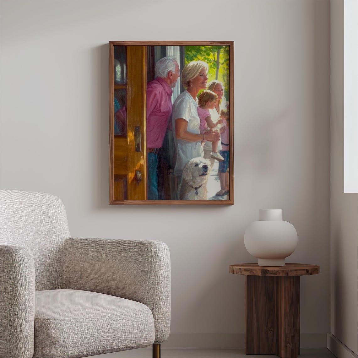 Sunny Family Doorway Greeting White Dog Warm Narrative Art Poster - Image 2