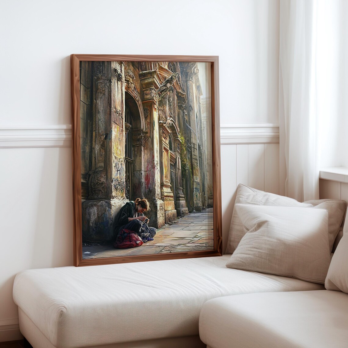 Sunlit Historic Facade Sewing Woman Warm Urban Street Realism Poster