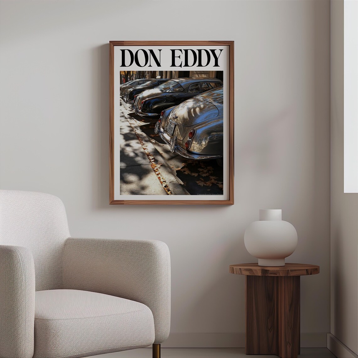 Don Eddy Inspired Row Of Classic Cars Curb Autumn Leaves Glow Poster - Image 2