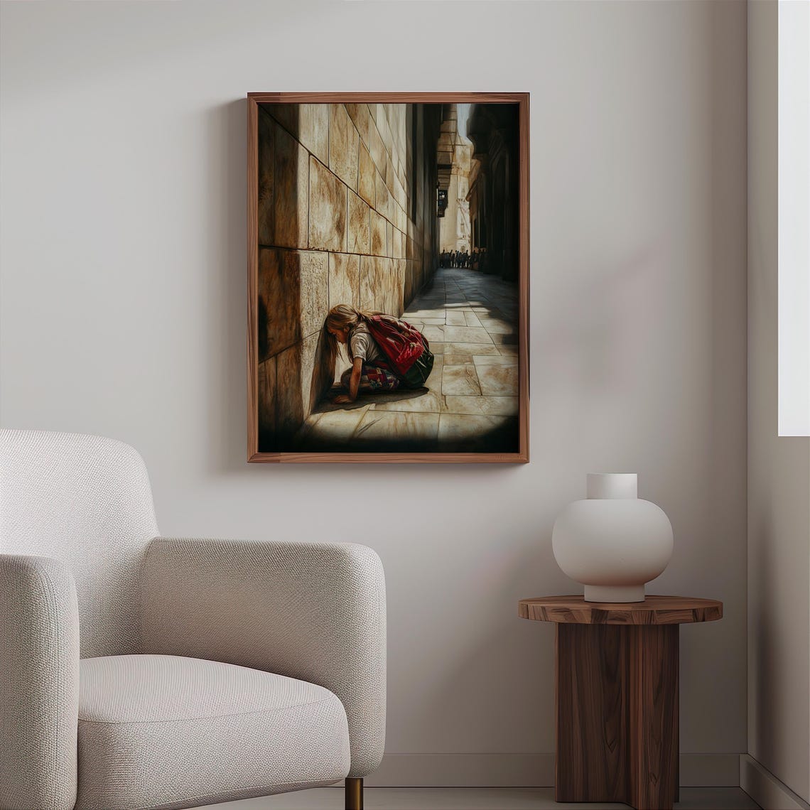 Girl Red Backpack Crouching Stone Passage Sunlight Photorealism Poster - Image 2