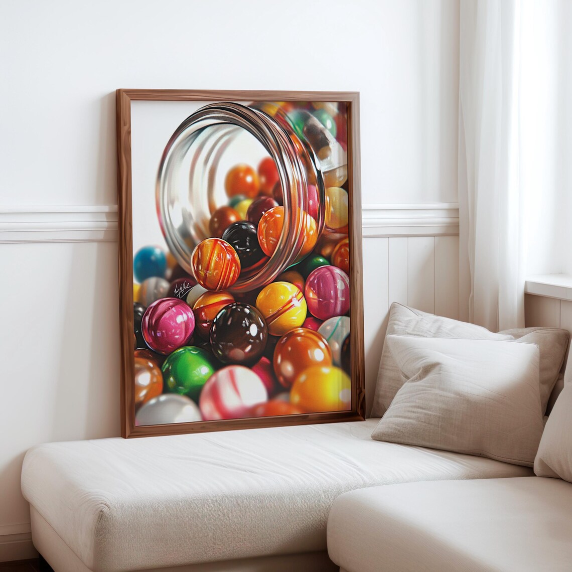 Tipped Glass Jar Spilling Colorful Gumballs Photorealism Poster