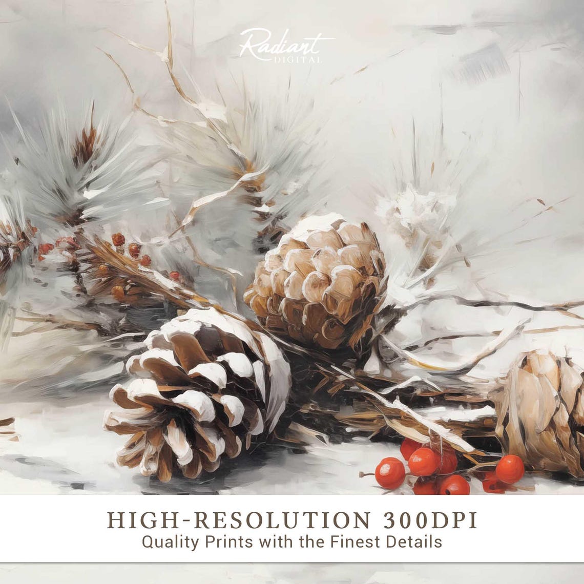 Frosted Pinecones and Red Berries Winter Botanical Watercolor Poster - Image 3