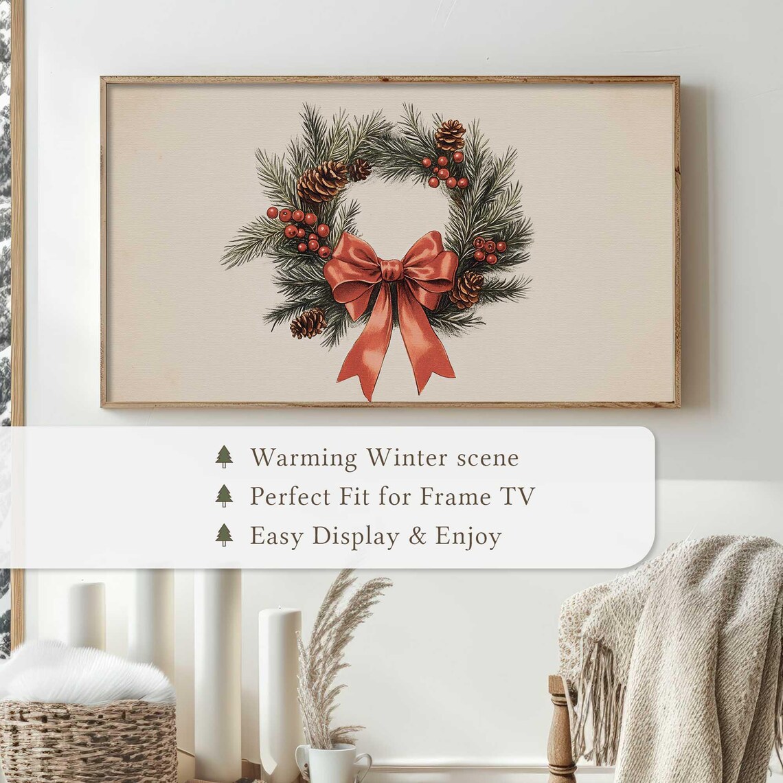 Christmas Wreath Red Bow Pinecones Berries Vintage Holiday Wall Art - Image 4