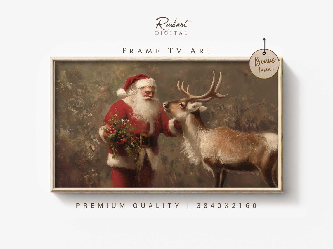 Classic Santa Claus With Reindeer Vintage Christmas Scene Poster
