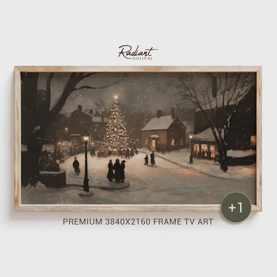Snowy Christmas Village Night Scene with Glowing Tree Poster