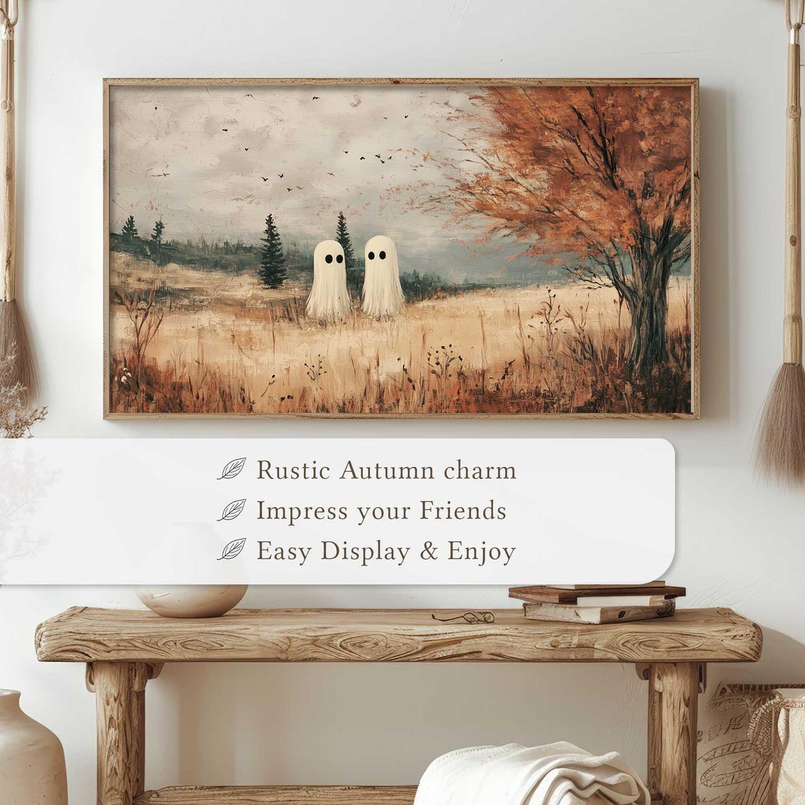 Two Cute Ghosts in Autumn Field Fall Landscape Halloween Art Poster - Image 4