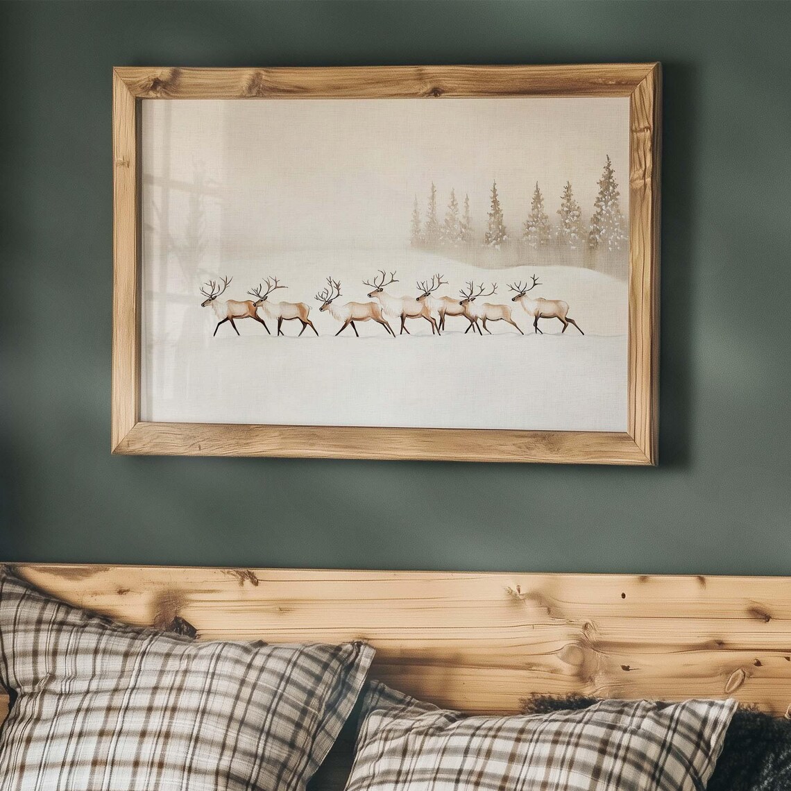 Seven Reindeer Walking across Snowy Field with Misty Pines Poster - Image 4