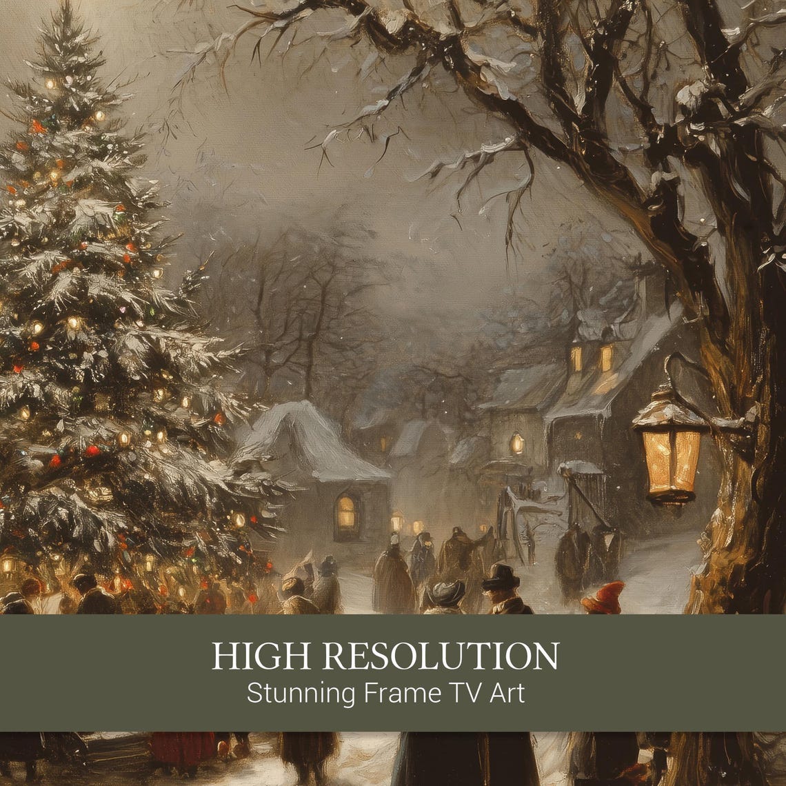 Night Christmas Village Gathering around Glowing Tree Poster - Image 3